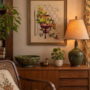 May include: A framed floral embroidery featuring a pink watering can overflowing with colorful flowers. A green ceramic bowl, a brass duck figurine, and a potted plant sit on a wooden cabinet. A green lamp with a tan shade is on the cabinet.
