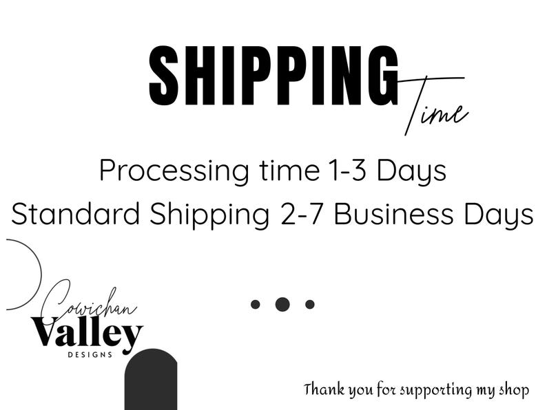 Pu&ograve; includere: Sfondo bianco con testo nero. Il testo recita "SHIPPING Time", seguito da "Processing time 1-3 Days" e "Standard Shipping 2-7 Business Days". Il logo Cowichan Valley Designs &egrave; in basso.