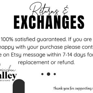 Pu&ograve; includere: Sfondo bianco con le parole "Returns & EXCHANGES" in grassetto nero. Il testo sottostante indica una garanzia di soddisfazione al 100% e le informazioni di contatto. Il logo Cowichan Valley Designs &egrave; in basso.