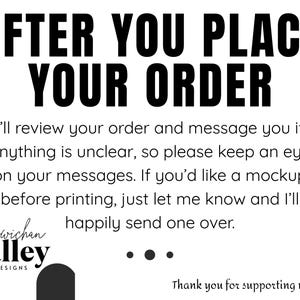 May include: White background with black text that reads "AFTER YOU PLACE YOUR ORDER." Additional text explains the order review process, including mockups. The shop logo is also visible.