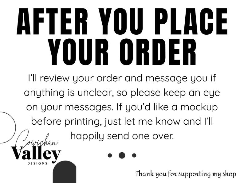May include: White background with black text that reads "AFTER YOU PLACE YOUR ORDER." Additional text explains the order review process, including mockups. The shop logo is also visible.
