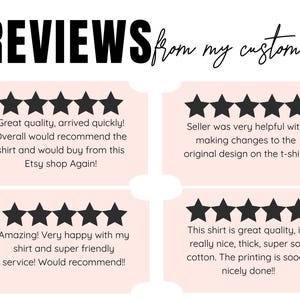 Op de afbeelding: Een grafische weergave met de titel REVIEWS from my customers, bestaande uit vier lichtroze rechthoekige vakken met geschulpte randen. Elk vak bevat vijf zwarte sterren en klantbeoordelingen over de kwaliteit van het t-shirt en de service.
