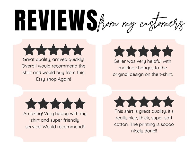 Op de afbeelding: Een grafische weergave met de titel REVIEWS from my customers, bestaande uit vier lichtroze rechthoekige vakken met geschulpte randen. Elk vak bevat vijf zwarte sterren en klantbeoordelingen over de kwaliteit van het t-shirt en de service.