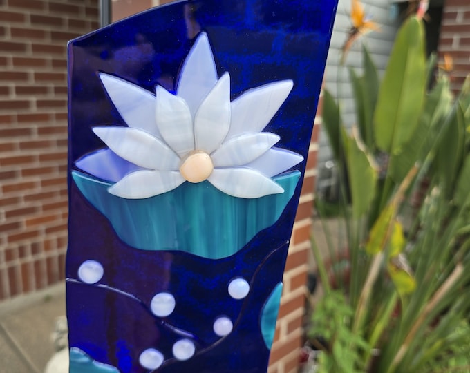 Featured listing image: Handmade Fused Glass Lotus Suncatcher, Symbol of Peace, Renewal (4.5" x 9")