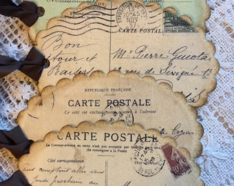 Set of 4 French inspired Carte Postale scalloped tags, dark taupe seam binding ribbon