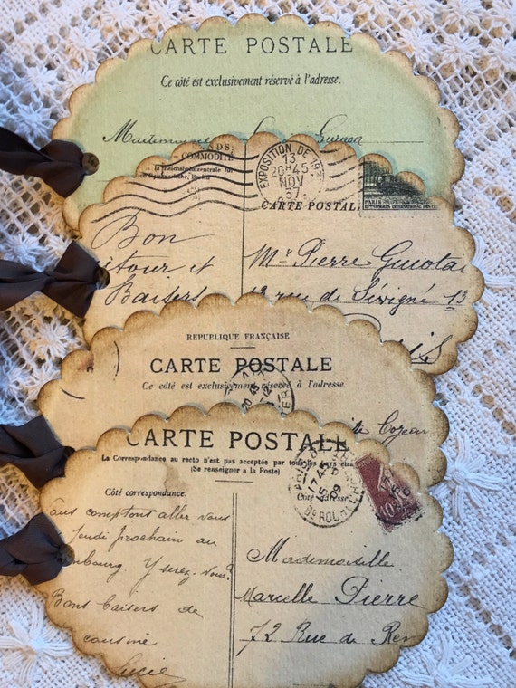 Set of 4 French inspired Carte Postale scalloped tags, dark taupe seam binding ribbon