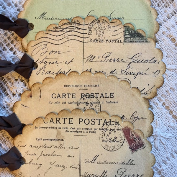 Set of 4 French inspired Carte Postale scalloped tags, dark taupe seam binding ribbon