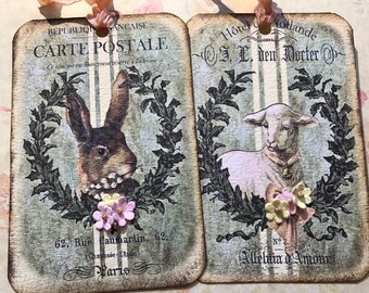 Easter / Spring Tags, set 0f 4, 2 each of 2 designs, with paper flowers