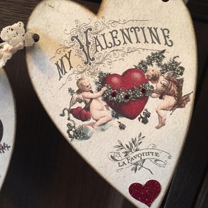 Valentines Banner, Victorian style Hearts with red crystal rhinestones and die cut hearts.