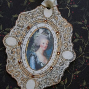 6 Marie Antoinette tags, hand cut framed with rhinestones. image 4