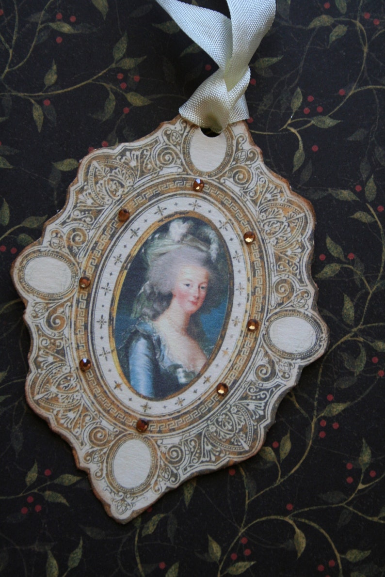 6 Marie Antoinette tags, hand cut framed with rhinestones. image 4