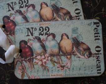 4 French inspired bird tags. XL, 5" x 3 3/4"