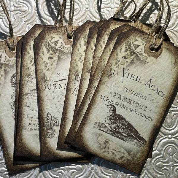 Set of 9 French inspired tags with creamy twine