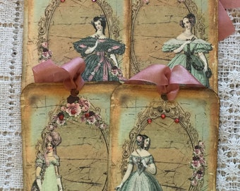 4 Jane Austen inspired tags with crystal rhinestones, pink seam binding ribbon