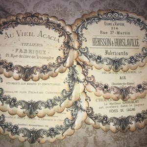 Juego de 6 etiquetas festoneadas inspiradas en marcas francesas, cinta de unión con forma de hongo y diamantes de imitación de cristal.