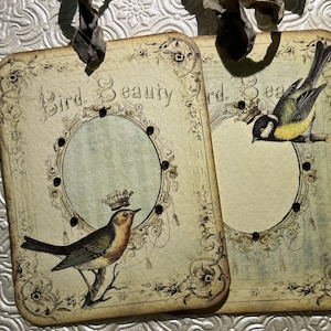 May include: Two vintage-style paper tags with a bird and floral design. The tags are cream-colored with brown accents and have the text "Bird Beauty" printed on them. Each tag has a circular cutout and a bird illustration.