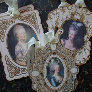 6 Marie Antoinette tags, hand cut framed with rhinestones. image 3