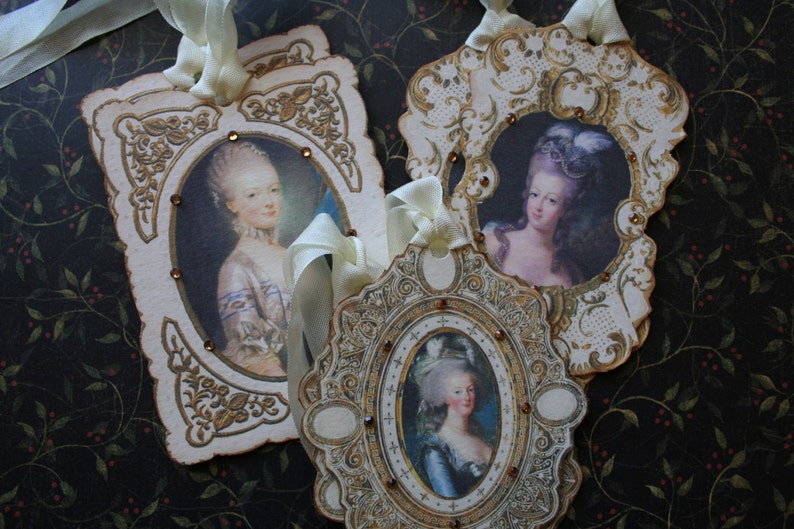 6 Marie Antoinette tags, hand cut framed with rhinestones. image 3