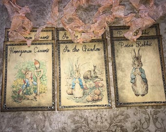 Peter Rabbit / Beatrix Potter tags, set of 6, vintage inspired with crystal rhinestones.