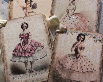 Set of 4 Ballerina tags, with silver stickles glitter, cream seam binding ribbon.