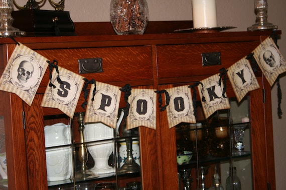 SPOOKY Halloween Banner with Skull decoration and crystal rhinestones