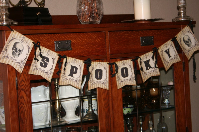 SPOOKY Halloween Banner with Skull decoration and crystal rhinestones image 1