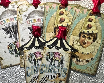 Vintage inspired Circus Tags, set of 6 with crystal rhinestones.