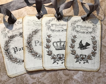 French script inspired vintage tags, set of 4 designs, with stickles glitter and rhinestones.