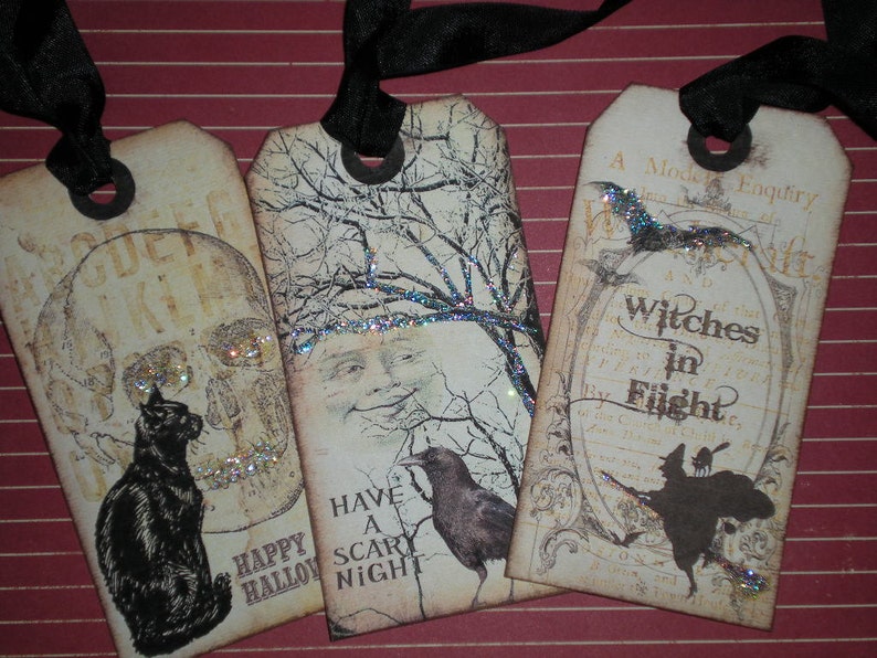 Halloween Tags, set of 6, vintage style, with glitter image 4