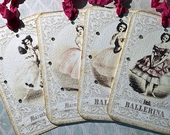 Set of 4 Ballerina tags, with crystal rhinestones and crinkled ribbon
