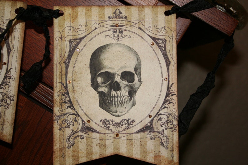 May include: A rectangular banner featuring a vintage-style illustration of a human skull centered within a circular frame. The background has beige vertical stripes with ornate black filigree details and small embedded amber-colored rhinestones.