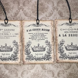 Set of 9 French inspired tags with rhinestones and black twine.