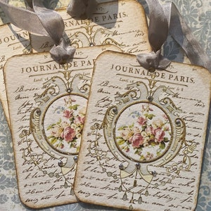 Set of 4 vintage inspired Floral / Medallion tags with rhinestones, mushroom seam binding ribbon