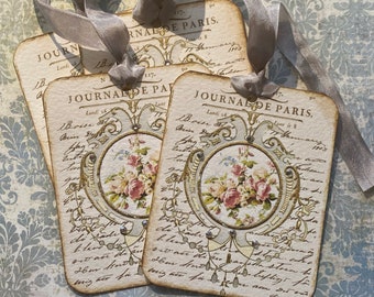 Set of 4 vintage inspired Floral / Medallion tags with rhinestones, mushroom seam binding ribbon