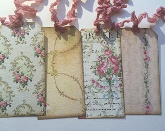 Set of 6, plus 1 FREE!! Vintage inspired Wallpaper tags. Crinkled seam binding ribbon.