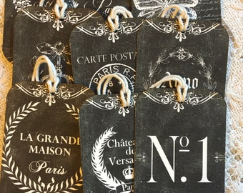 Set of 9 French inspired tags with rhinestones and soft cream twine.
