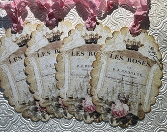 Set of 4 Vintage inspired scalloped tags, Rose perfume bottle.