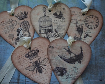 Set of 5 Heart tags, vintage style with cream ribbon 4 1/2" x 4"