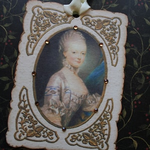 6 Marie Antoinette tags, hand cut framed with rhinestones. image 5