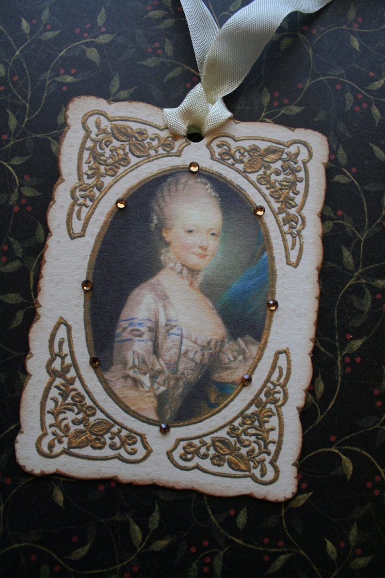 6 Marie Antoinette tags, hand cut framed with rhinestones. image 5