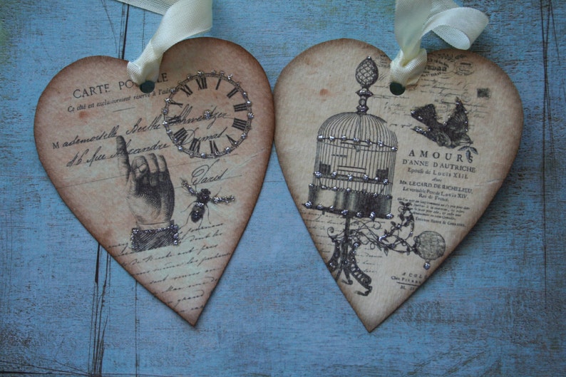 Set of 5 Heart Tags Vintage Style With Cream Ribbon 4 - Etsy