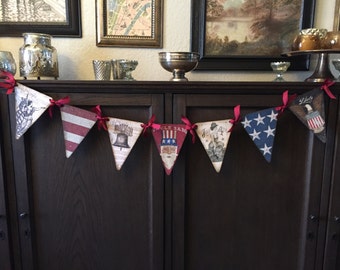 4th July Banner / Garland. 7 images with crystal rhinestones, red ribbon.