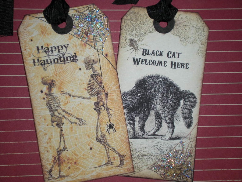 Halloween Tags, set of 6, vintage style, with glitter image 3