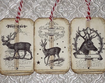 Set of 9 Reindeer Holiday tags, with crystal rhinestone decoration and string twine.