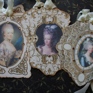 6 Marie Antoinette tags, hand cut framed with rhinestones. image 1