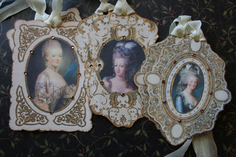 6 Marie Antoinette tags, hand cut framed with rhinestones. image 1