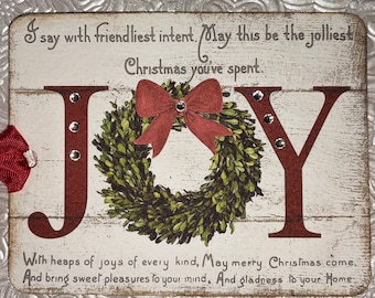 Set of 4 JOY  tags with crystal rhinestones, red seam binding ribbon.