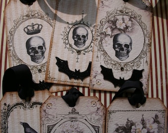 Skull Halloween tags with glitter bat and rhinestone, set of 6