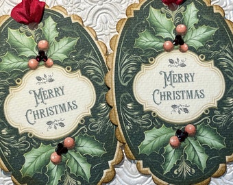 Set of 4 scalloped Merry Christmas Tags, vintage inspired, 4 1/2" x 3"