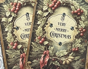 Set of 4  Holiday tags, vintage inspired, 4" x 2 1/2"